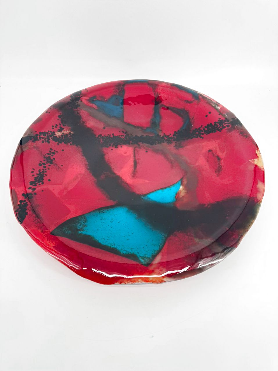 Red, Blue & Black Art Glass Large Round Shallow Bowl