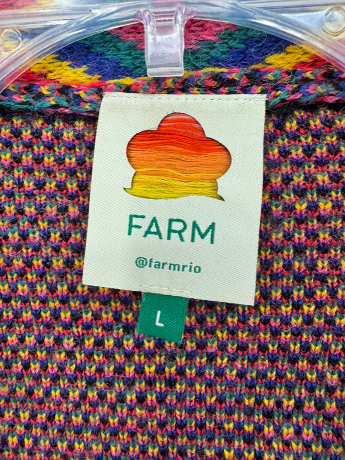 FARM RIO Size L Black & Multi-Color Knit Belted Cardigan