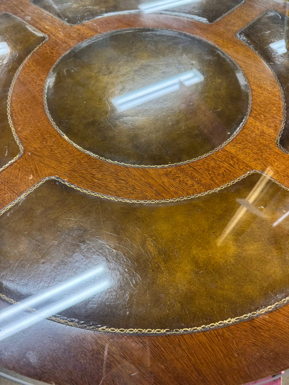 VINTAGE Wood & Leather Round Glass-top Occasional Table