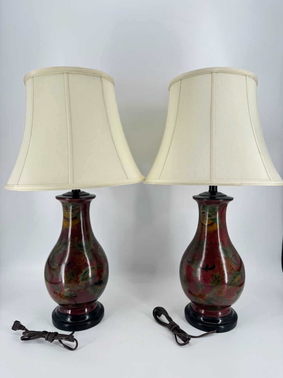 Brick & Green Flowers Ceramic Pair of Lamps