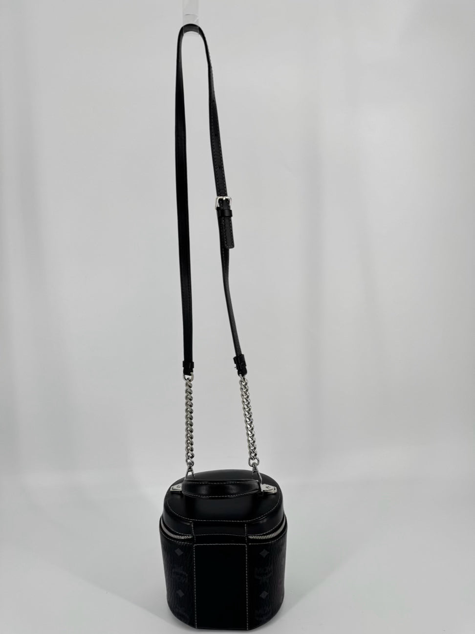 MCM Black Leather Visetos Cylinder Crossbody Bag