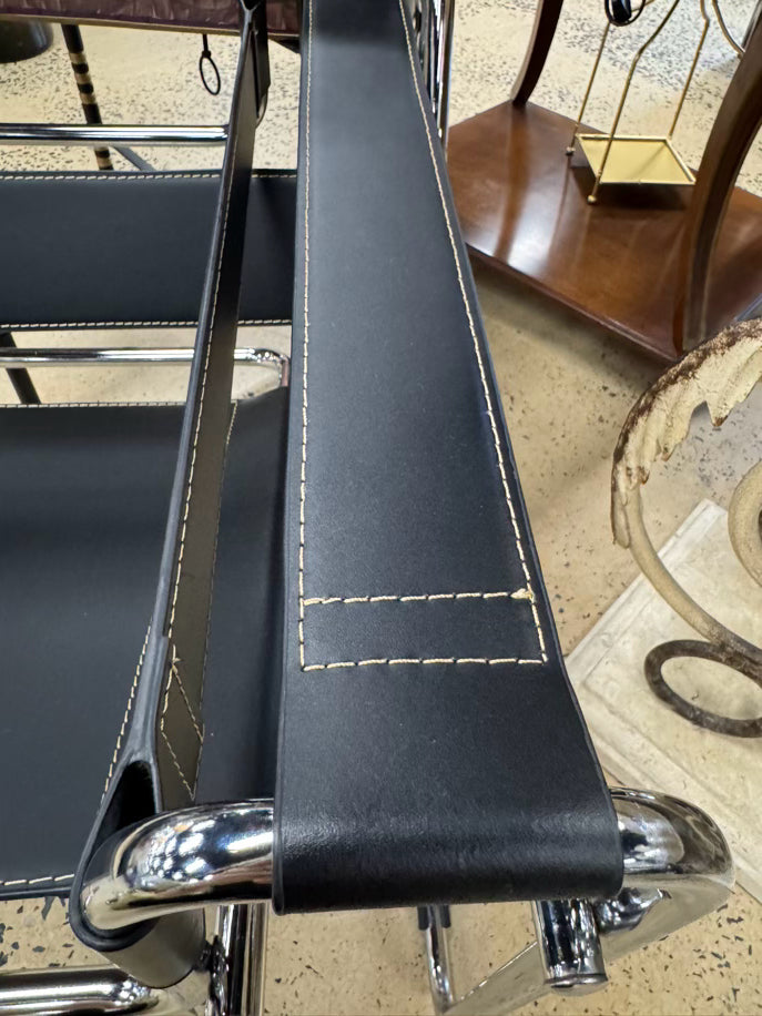 Silver & Black Metal & Faux Leather Mid Century Modern Chair