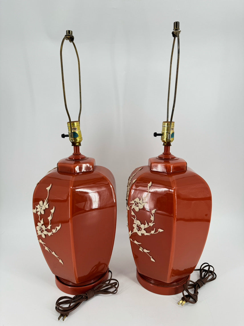 Burnt Orange Glass Raised Flower Design Pair of Ginger Jar Lamps