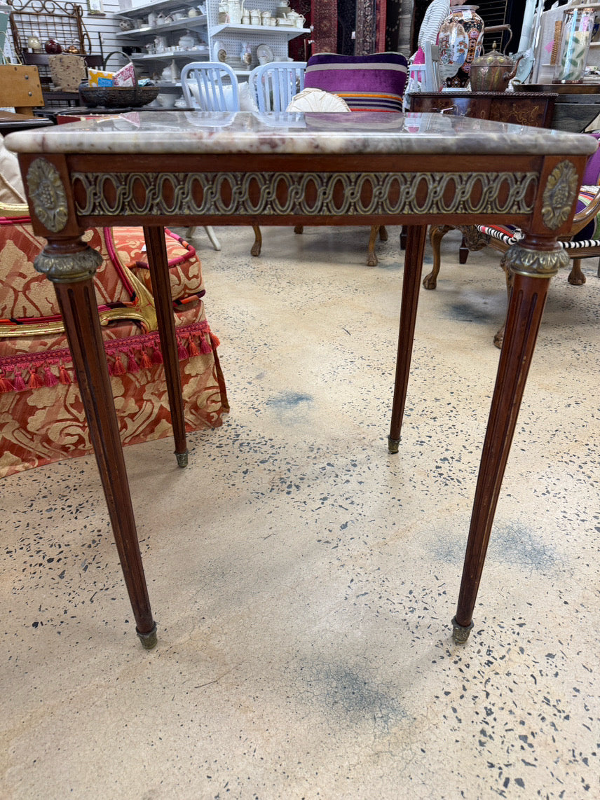 VINTAGE Wood & Marble Square French Occasional Table