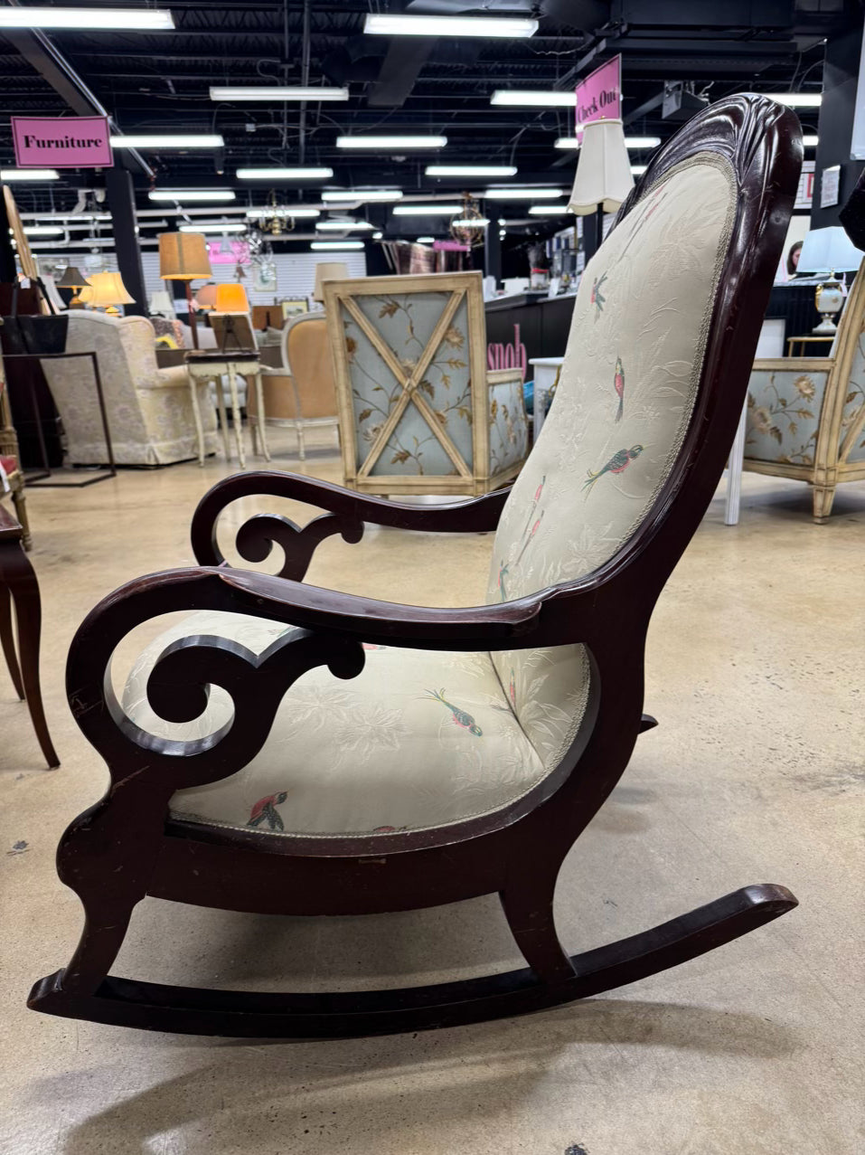 VINTAGE Wood Cream, Pink & Green Birds Upholstered Rocking Chair