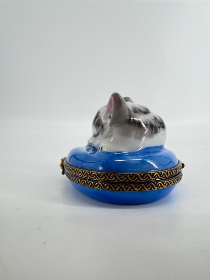 LIMOGES Black, White & Blue Cat on Blanket Ceramic Trinket Box