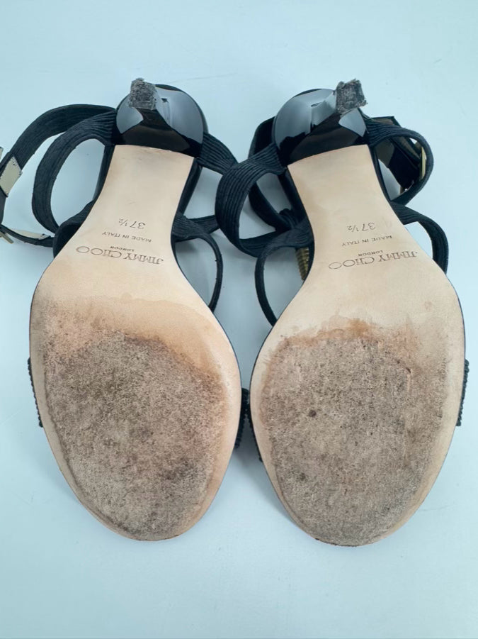 JIMMY CHOO Size 37.5 Black & Gold Leather Strappy Pumps