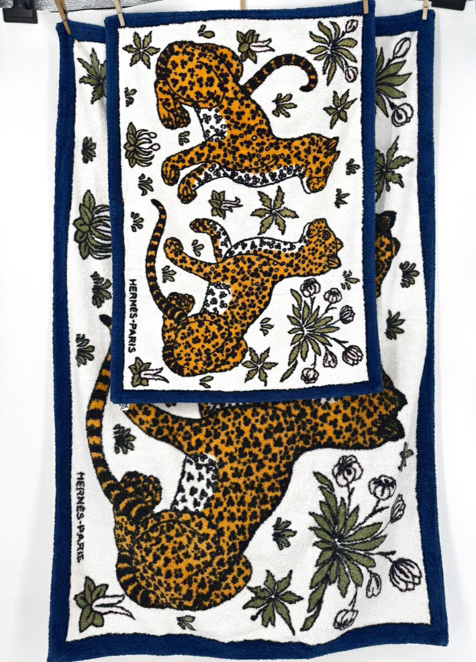 HERMES Blue & Yellow Cheetah Pair of Beach Towels