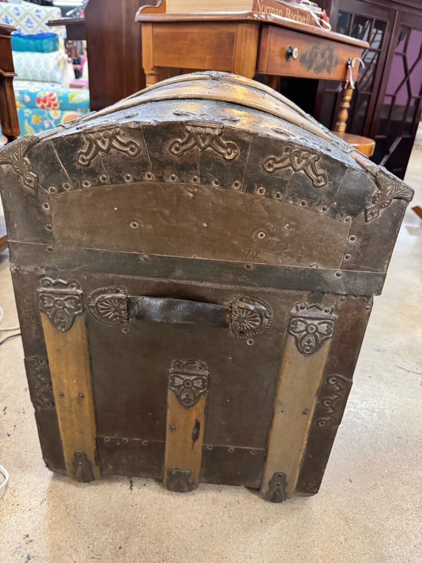 ANTIQUE Wood & Tin Rounded Top Trunk