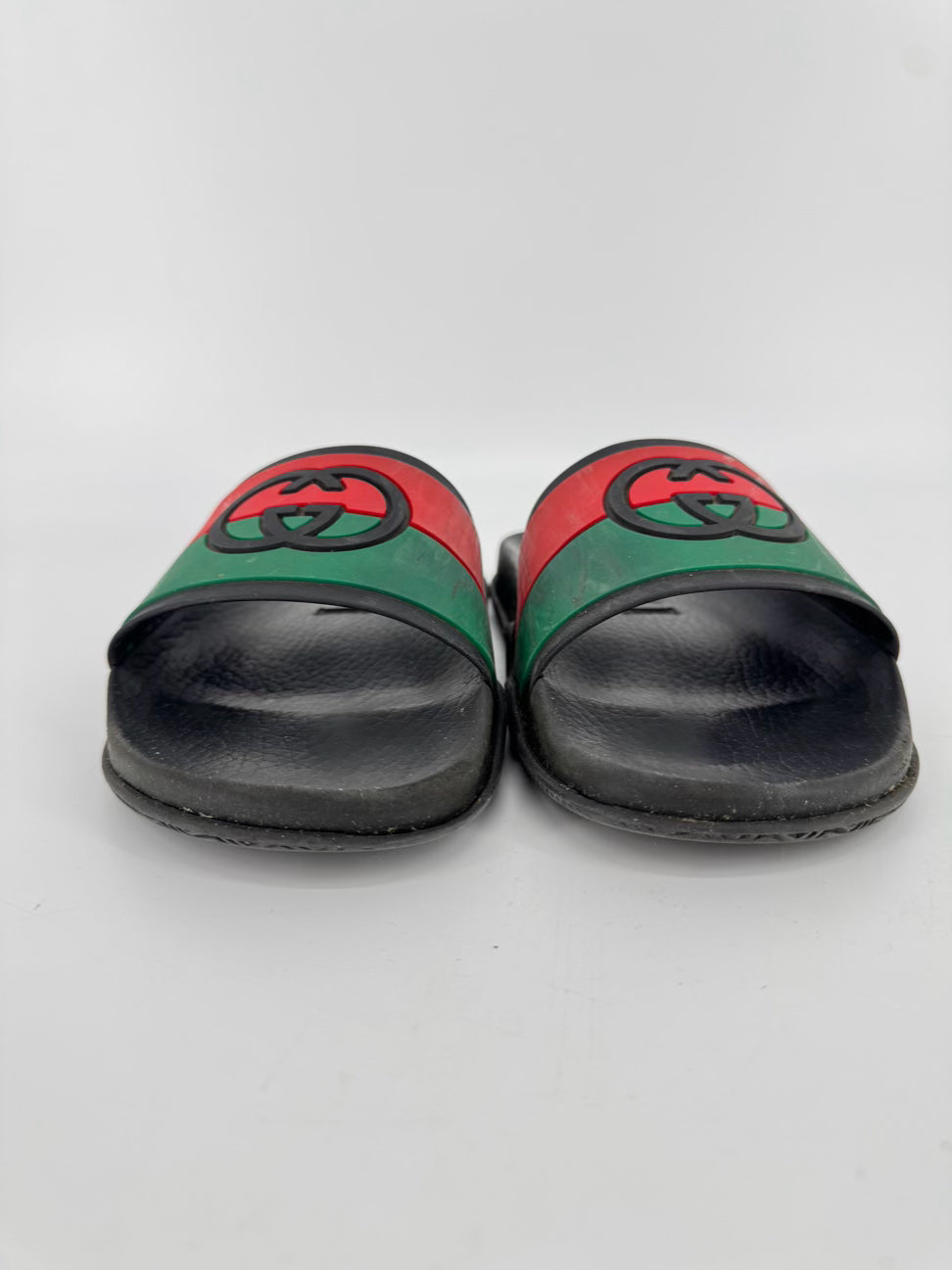 GUCCI Size 8.5 Black, Red & Green Rubber Slides