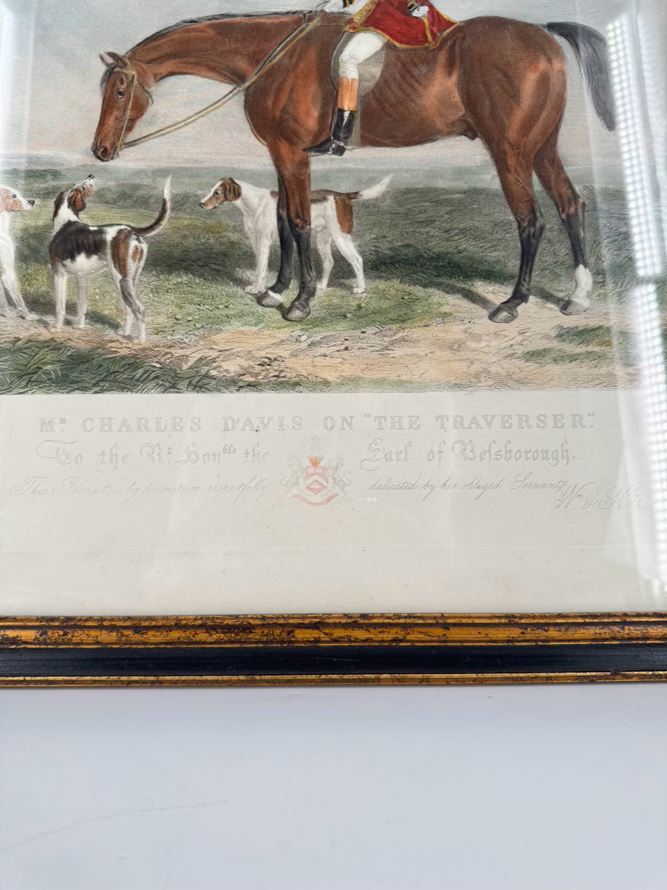ANTIQUE W&H BARRAUD "Mr. Charles Davis on the Traverse" Engraving in Black & Gold Frame