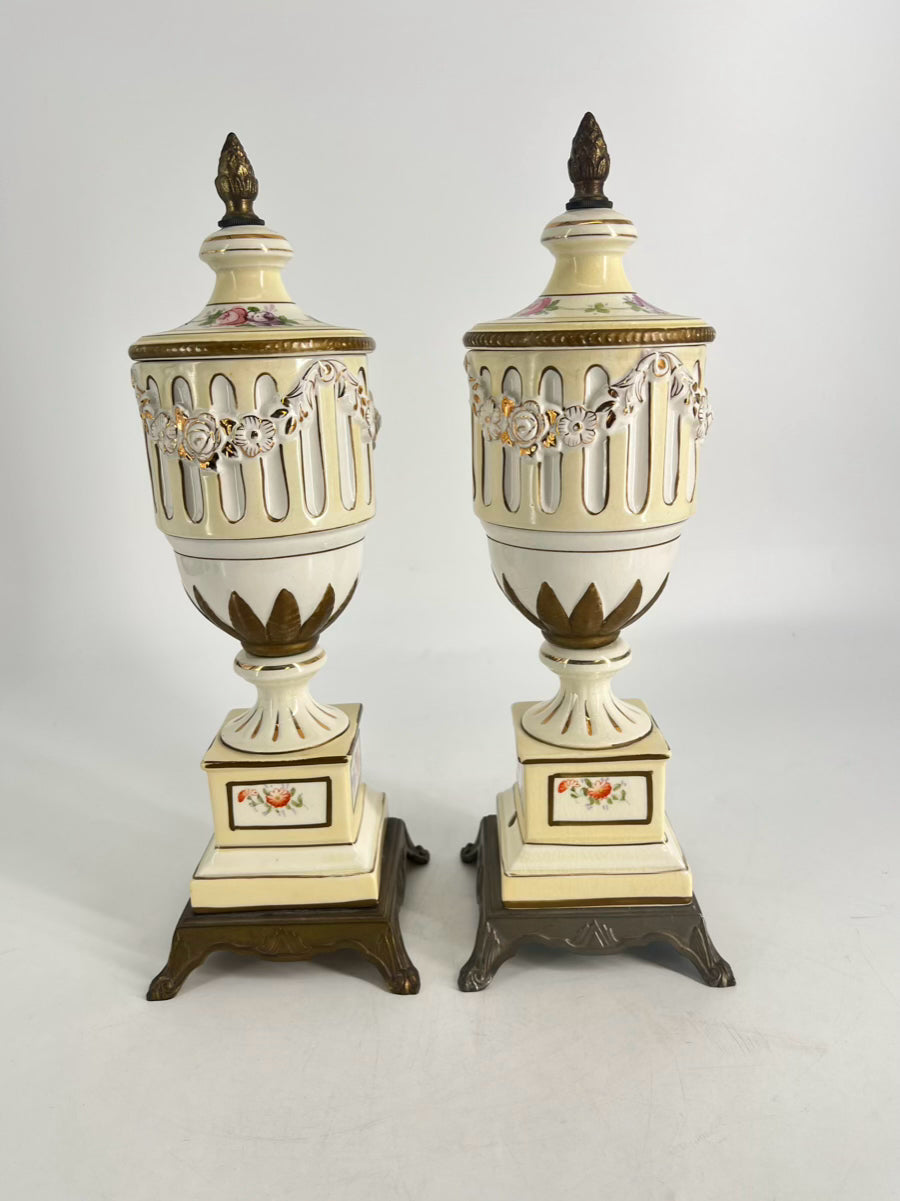 VINTAGE Cream & Yellow Porcelain Pair of Footed Urns