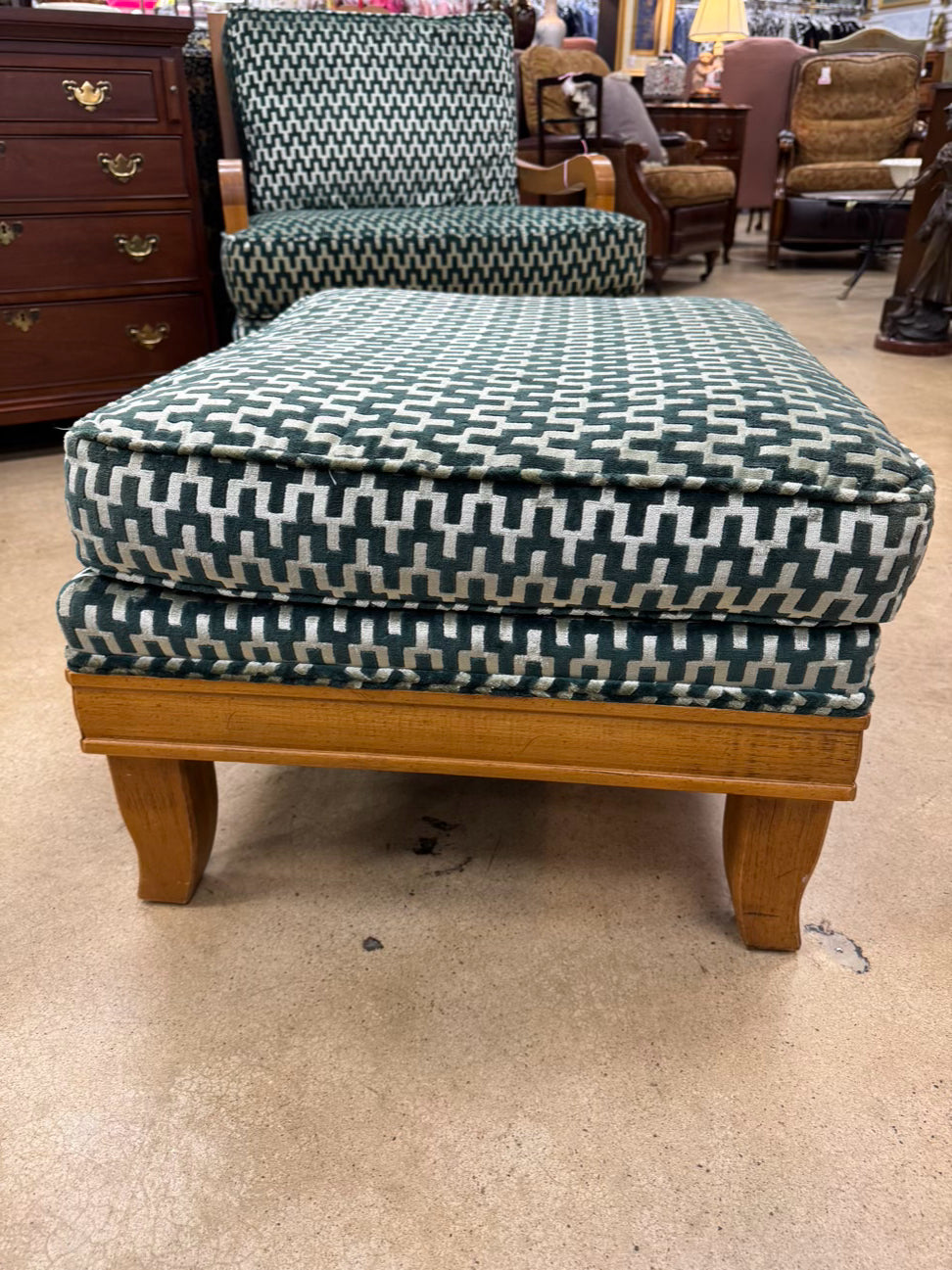 Wood Green Geometric Upholstered Pair of Chairs w/ Ottoman