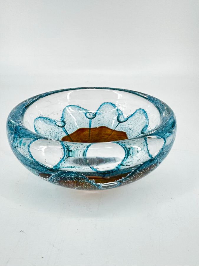 JACOB PFEIFER Aqua & Tan Handblown Glass Bowl