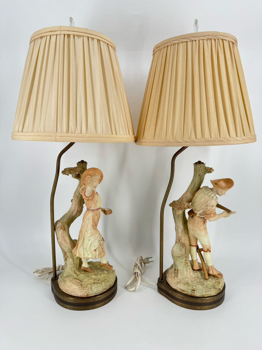 JAMES HADLEY Hand Painted Porcelain English Man & Woman Pair of Lamps