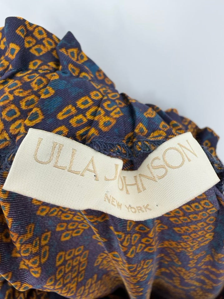 ULLA JOHNSON Size 4 Gold & Navy Silk Blend Maxi-Skirt