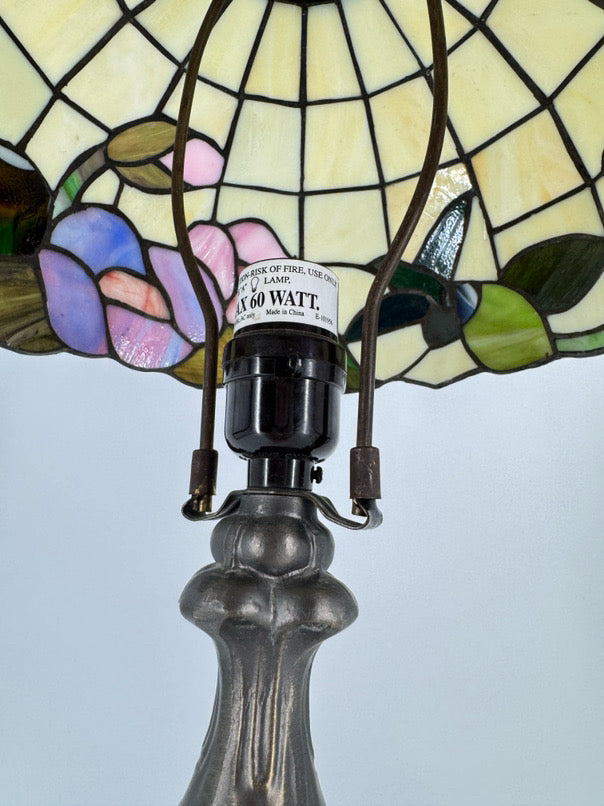 Purple & Green Glass & Metal Hummingbird Tiffany Style Lamp