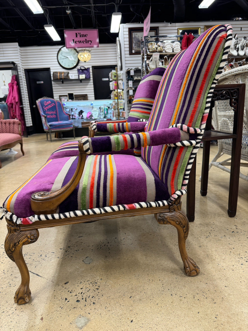 Purple & Orange Stripe Upholstered Queen Anne Ball & Claw Pair of Chairs