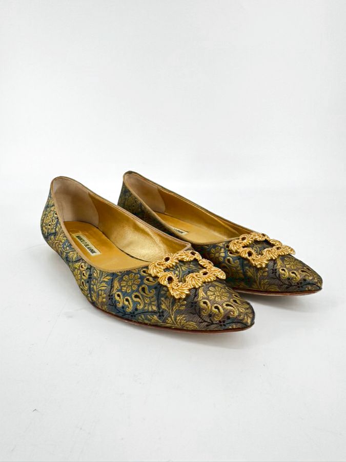 MANOLO BLAHNIK Size 39 Blue & Gold Paisley Flats