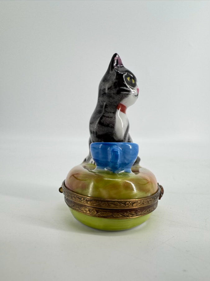 LIMOGES Black, Blue & Green Cat & Mug Ceramic Trinket Box