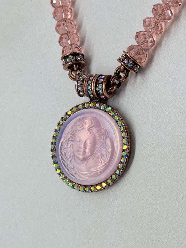 KIRKS FOLLY Rose Gold Tone Pink Angel Cameo Pendant Necklace