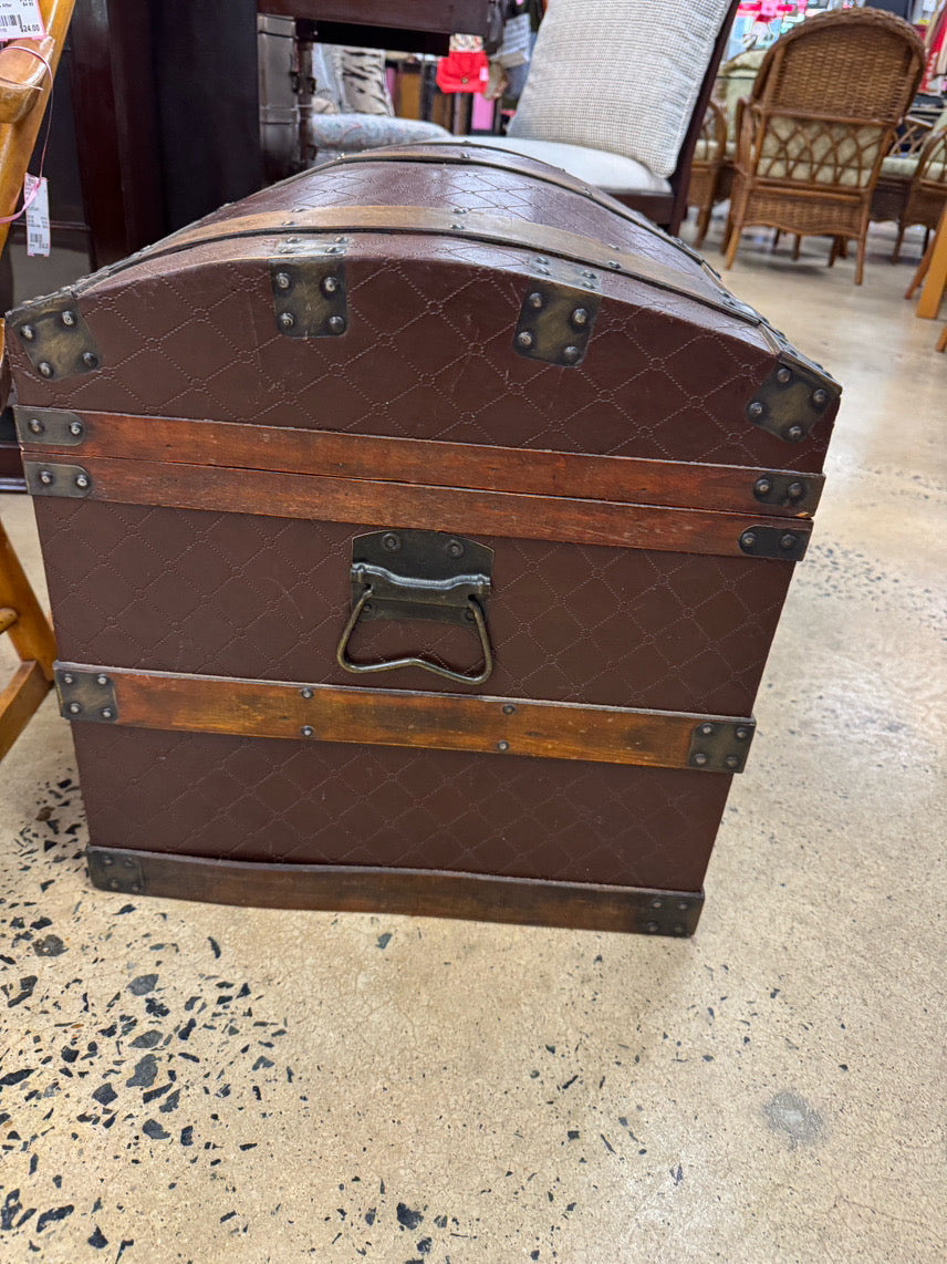 ANTIQUE Wood & Red Leather Rounded Top Trunk
