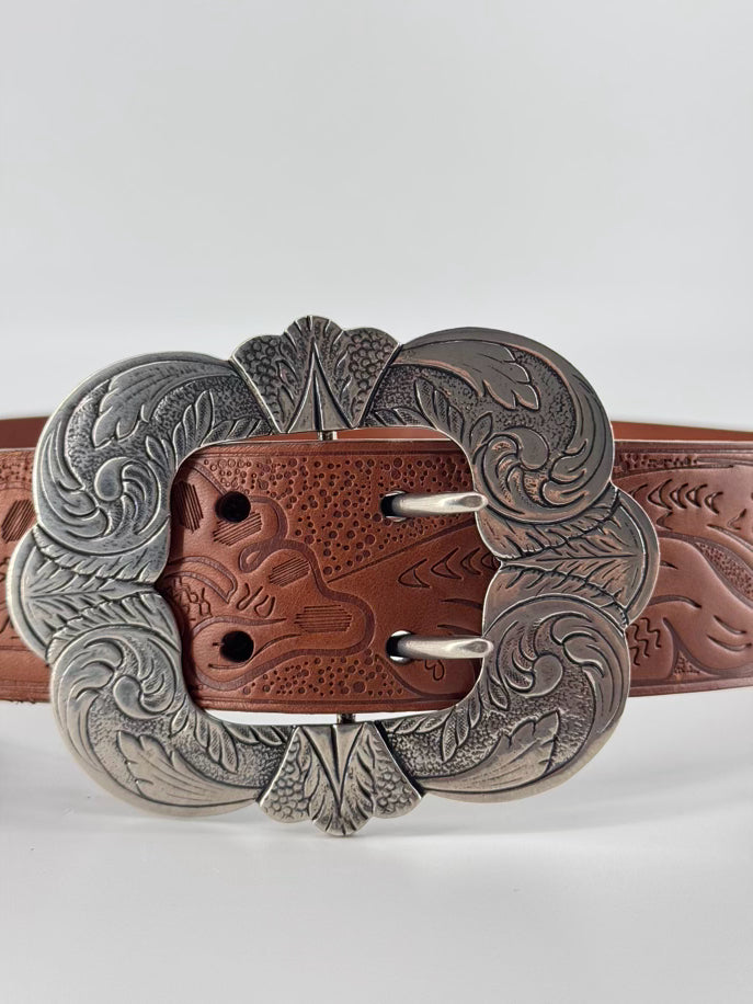 RALPH LAUREN Size M Brown Embossed Leather Western Style Belt NWT