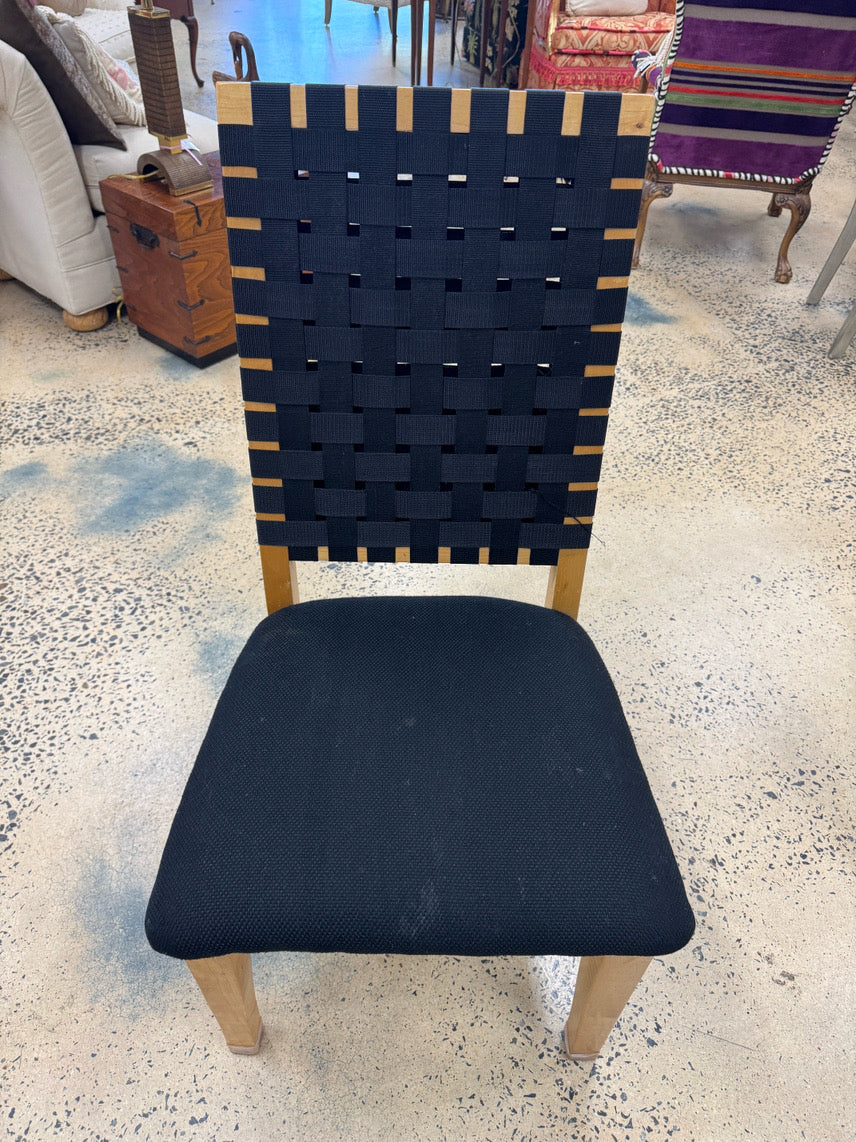 Black Wrought Iron Round Glass-Top Table w/ Set of 4 Wood Upholstered Woven Back Chairs