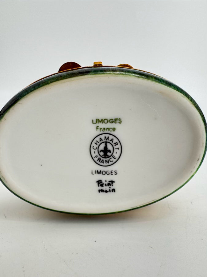 LIMOGES Brown & Green Cat Ceramic Trinket Box