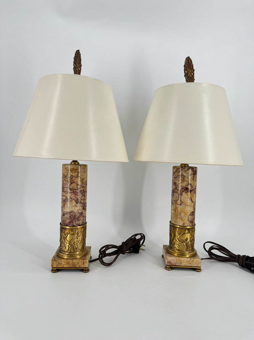Cream & Pink Marble & Brass Trim Neoclassical Gladiators Pair of Lamps