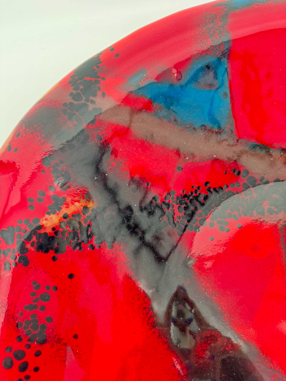Red, Blue & Black Art Glass Large Round Shallow Bowl