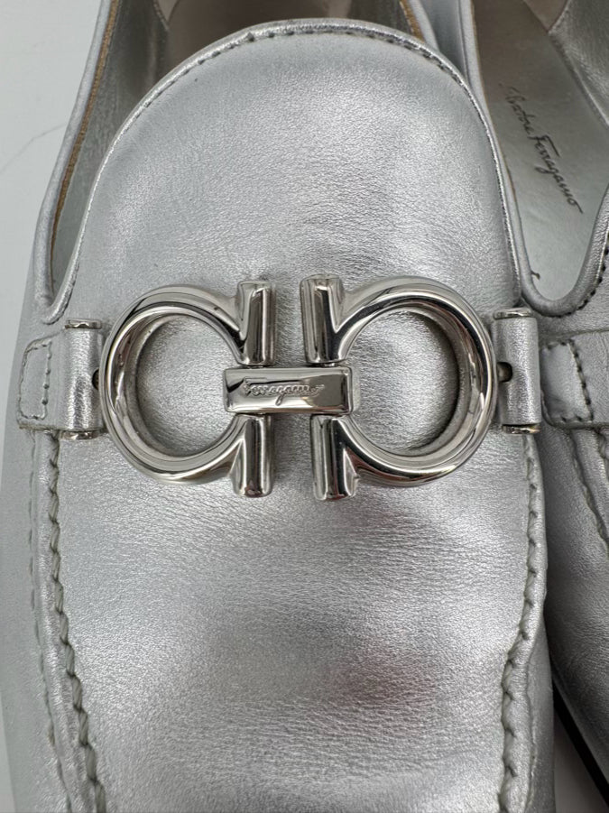 SALVATORE FERRAGAMO Size 8 Silver Leather Loafers