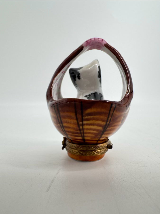 LIMOGES Brown, Black & White Cat in Basket Ceramic Trinket Box
