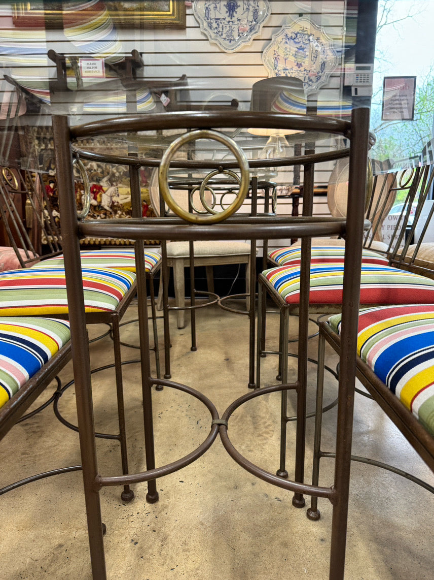 Wrought Iron & Glass Table w/ 6 Multicolor Stripe Upholstered Chairs