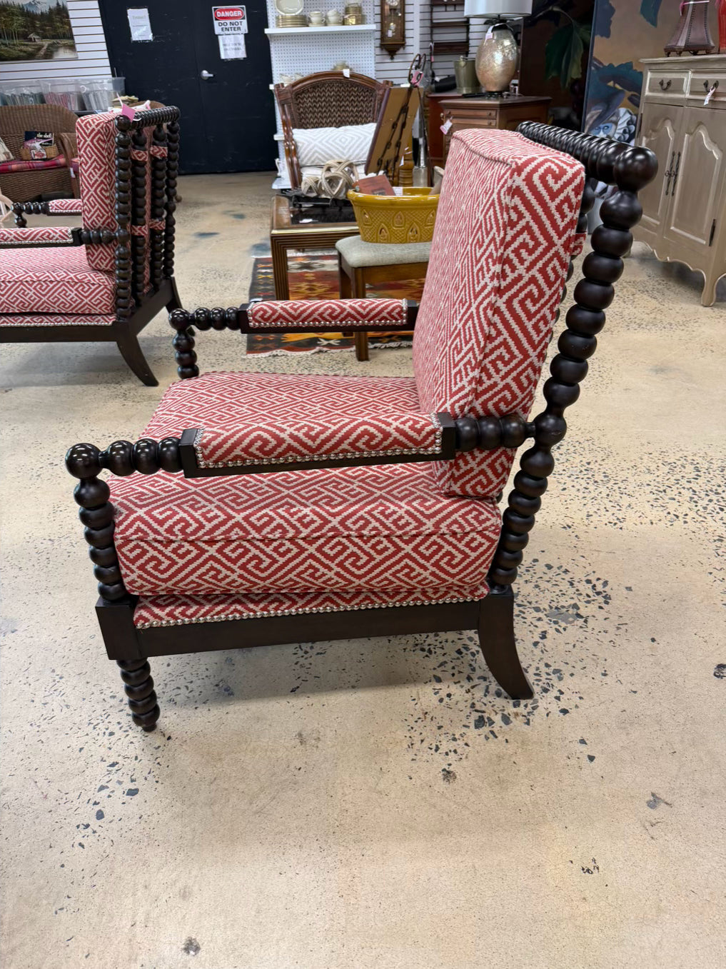 Wood Spindle Pair Of Chairs w/ Rust & White Fabric