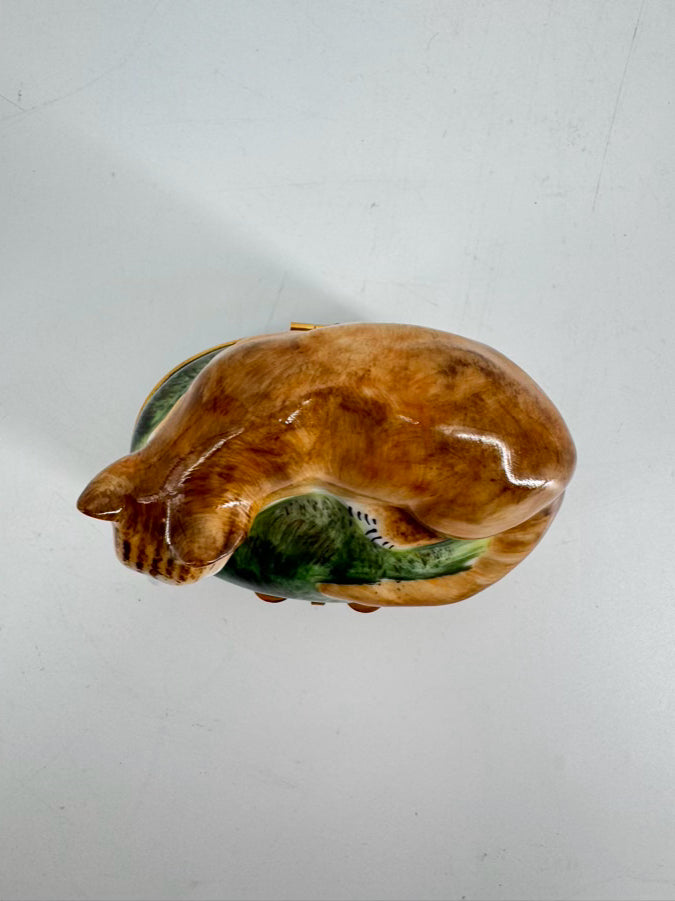 LIMOGES Brown & Green Cat Ceramic Trinket Box