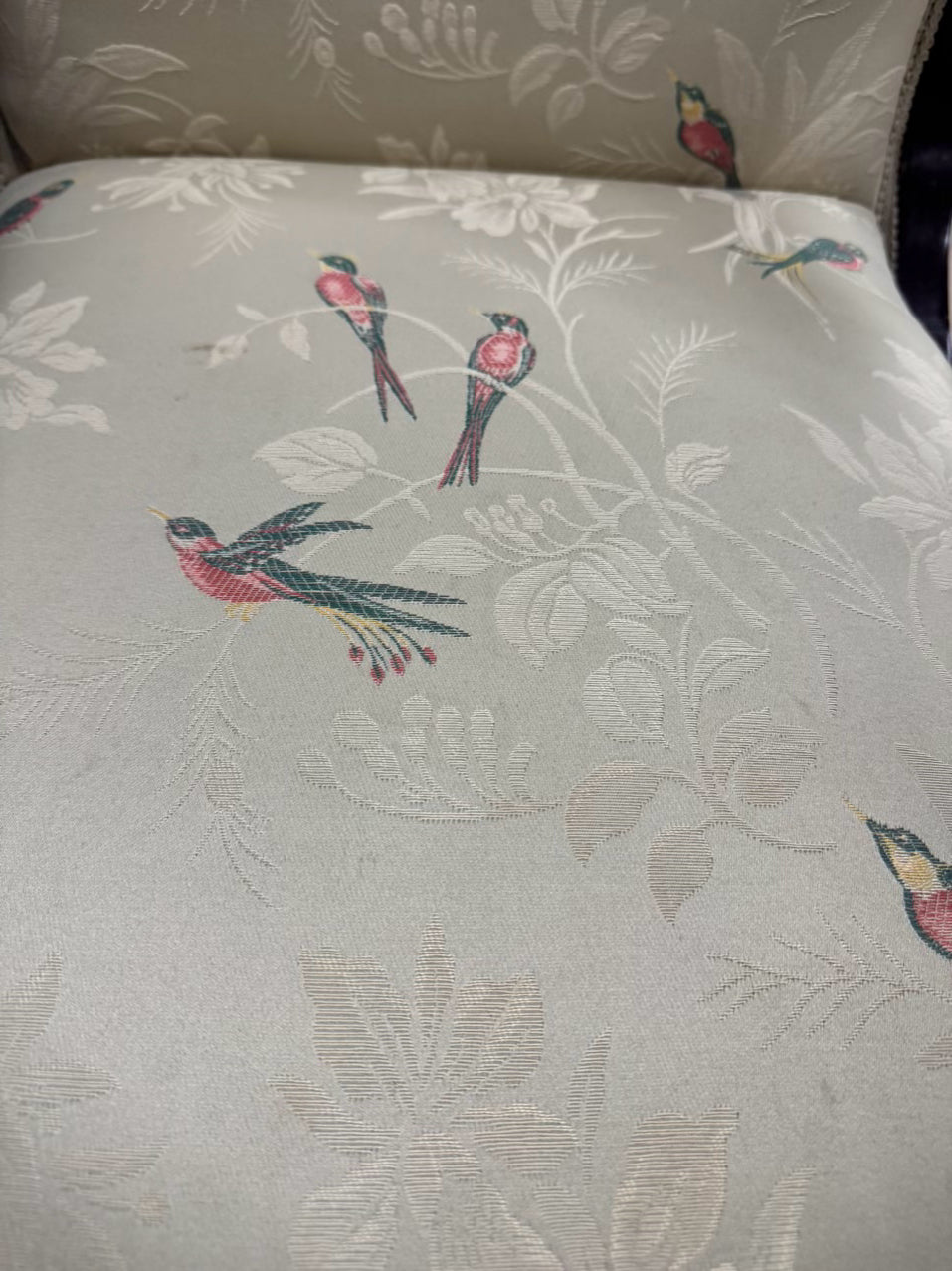 VINTAGE Wood Cream, Pink & Green Birds Upholstered Rocking Chair