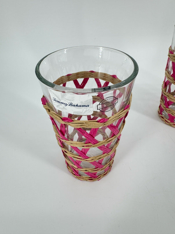 TOMMY BAHAMA Pink Raffia Lattice Set of 4 Glasses