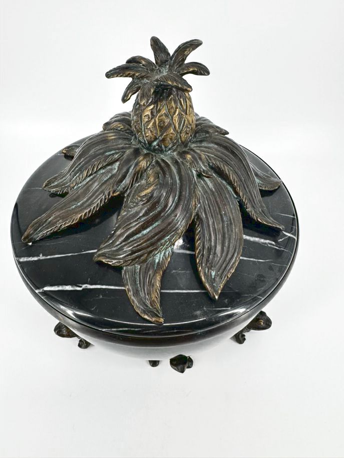 MAITLAND SMITH Black Marble & Metal Frogs & Pineapple Top Lidded Bowl
