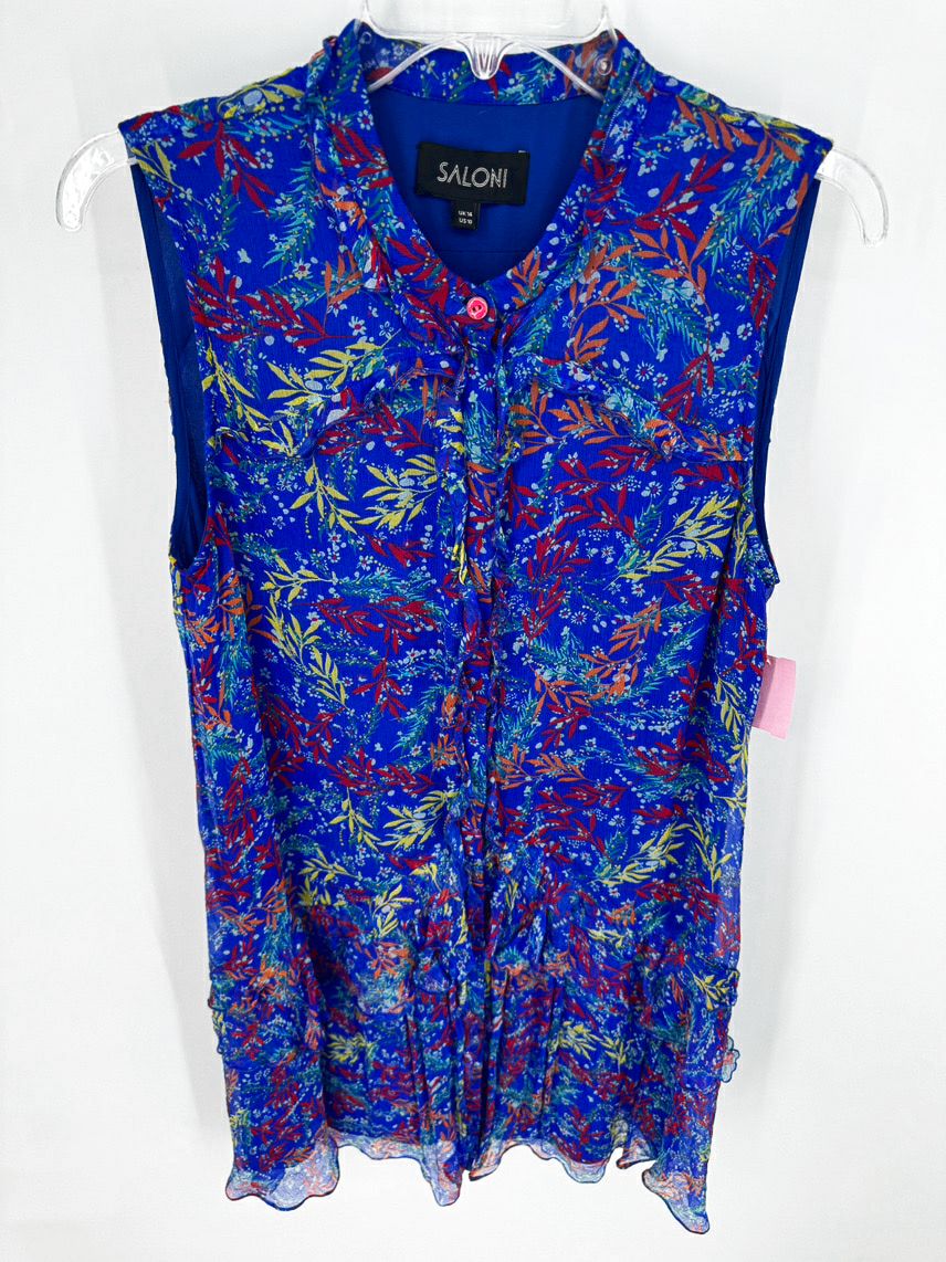 SALONI Size 10 Cobalt Foliage Print Ruffle Sleeveless Dress