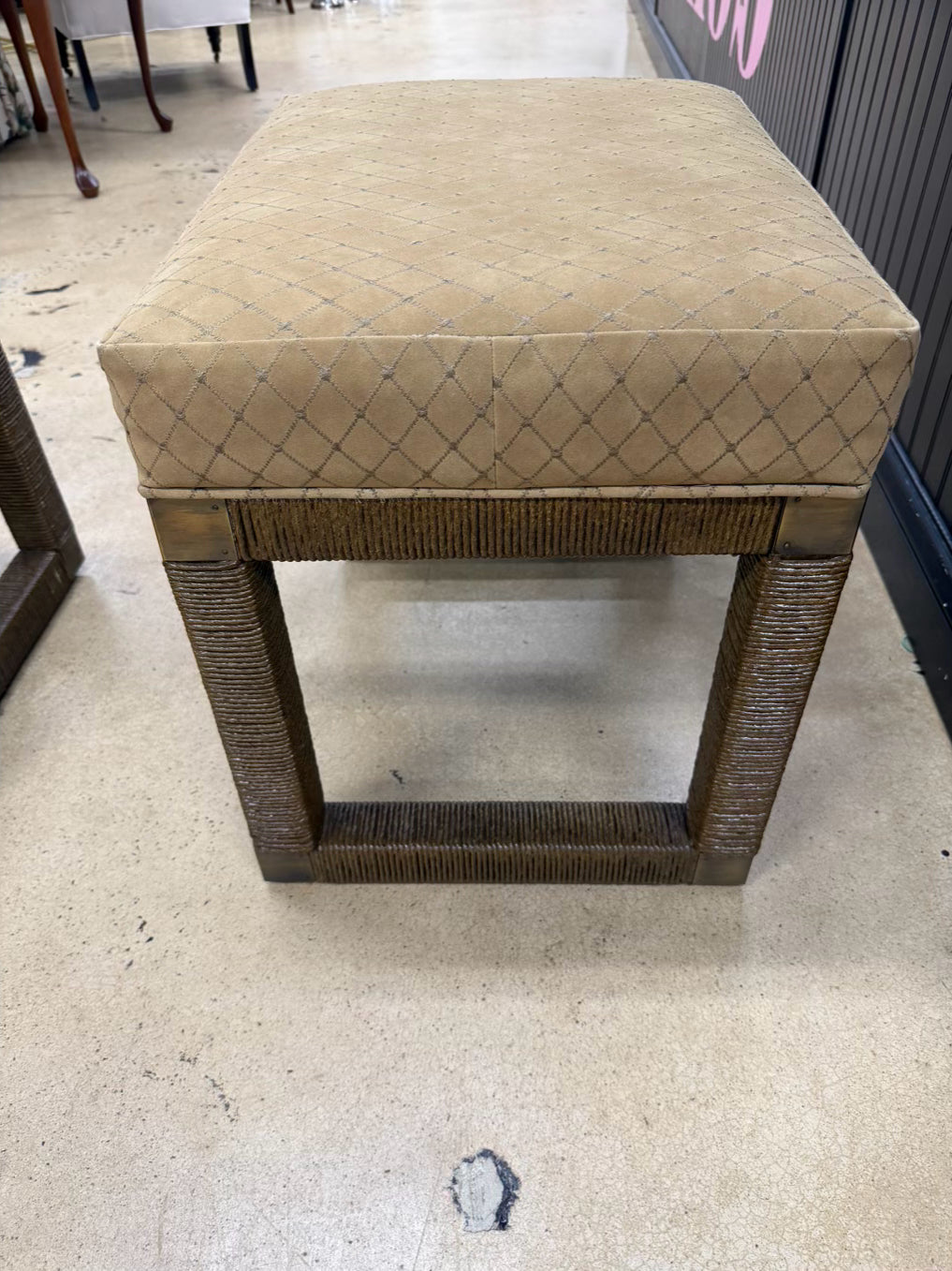 Brown Parsons Woven Pair Of Stools w/ Tan Suede Fabric