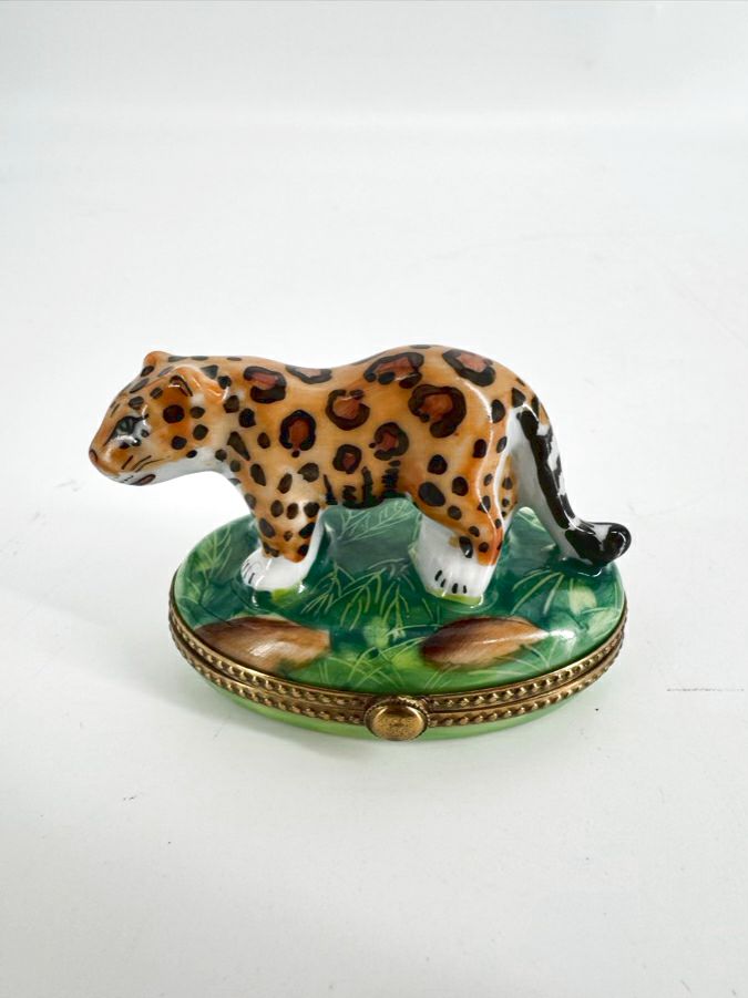 LIMOGES Green & Brown Leopard Ceramic Trinket Box