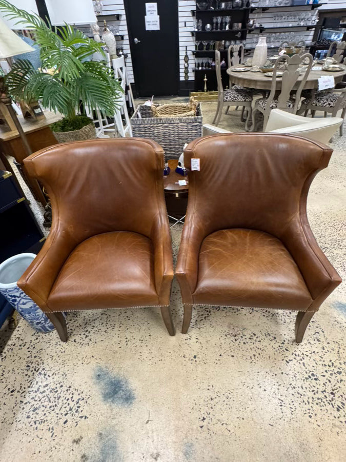WILLIAMS SONOMA Caramel Leather Nailhead Pair of Chairs