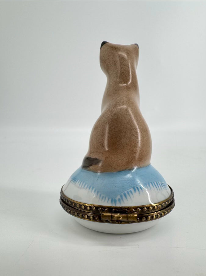 LIMOGES Gray & Blue Siamese Cat Ceramic Trinket Box