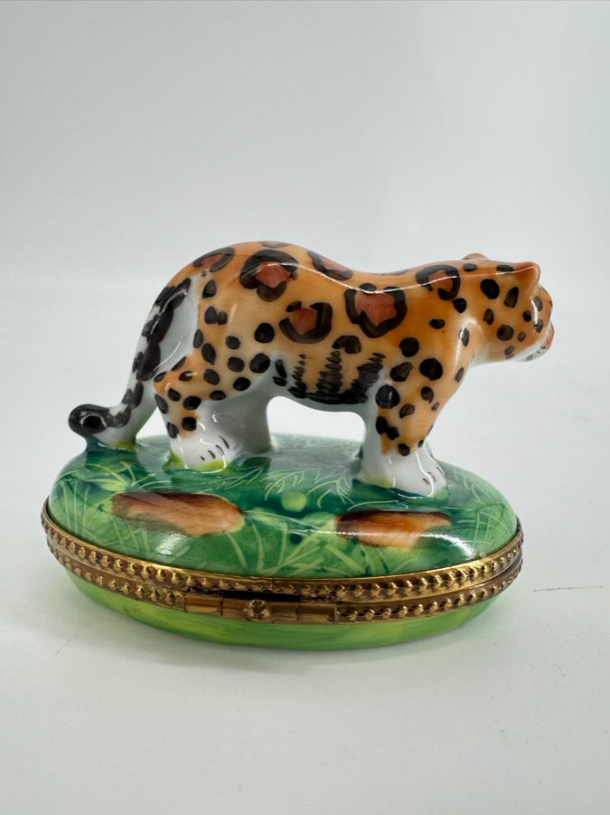LIMOGES Green & Brown Leopard Ceramic Trinket Box