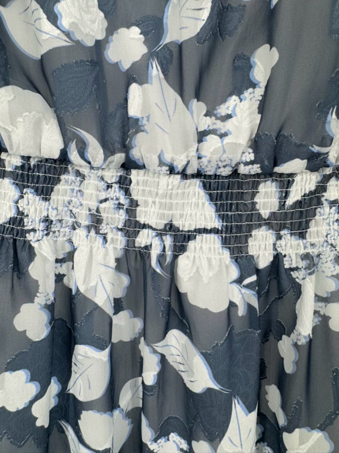 ABBEYGLASS Size L Dark Blue Floral Sheer Detail Bennett Dress NWT
