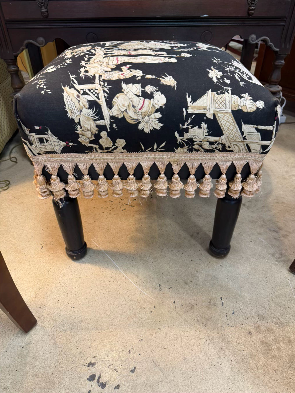 Black, Cream & Pink Wood Oriental Print Stool