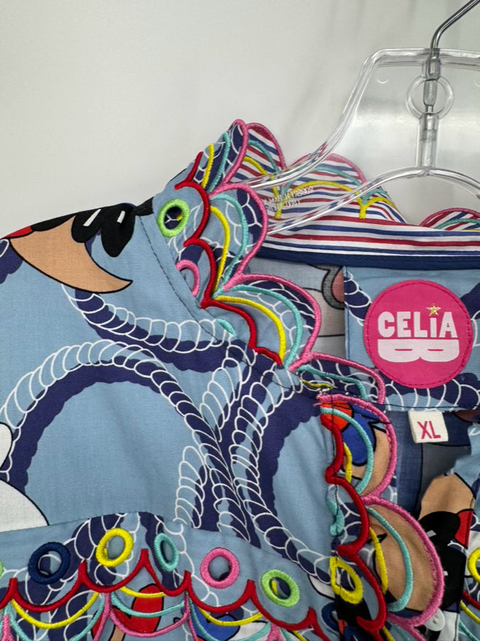 CELIA B Size XL Blue & Multi-Color Scallop Design Dress