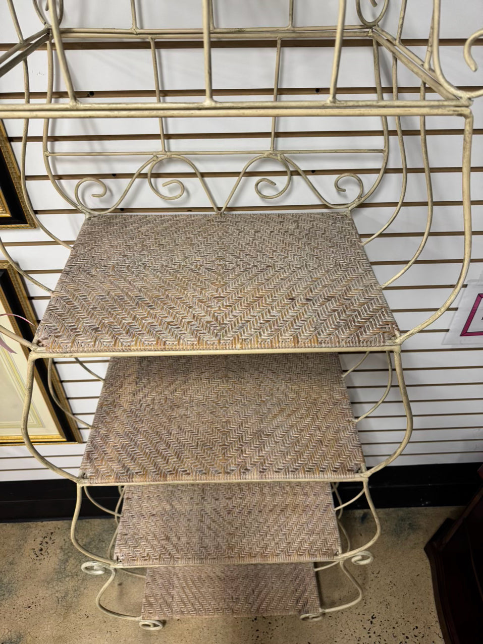 Cream Metal & Wicker Etagere
