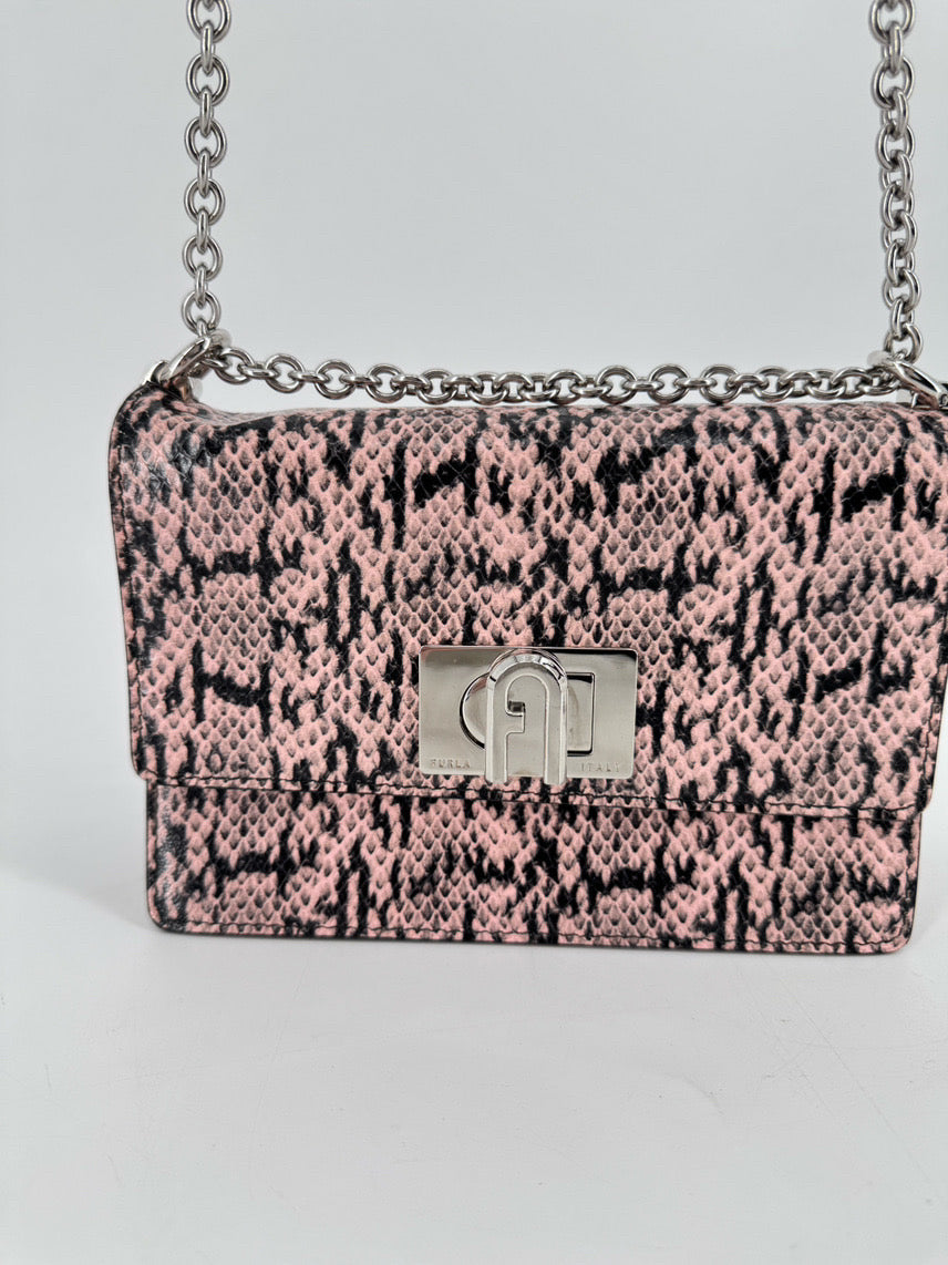 FURLA Pink & Black Snakeskin Print Leather Crossbody Bag